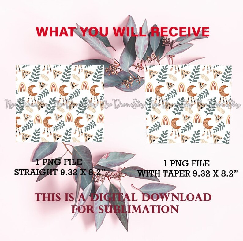 May include: Two digital seamless patterns featuring a boho style design with moons, rainbows, leaves, and geometric shapes in shades of brown, orange, white, and blue on a white background. The patterns are 9.32 inches by 8.2 inches.