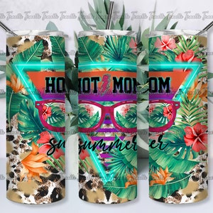 May include: A set of three stainless steel tumblers with a tropical theme. The tumblers feature a neon green, pink, and blue design with the text "HOT MOM SUMMER" and a pair of sunglasses. The background features a tropical leaf pattern with a leopard print.
