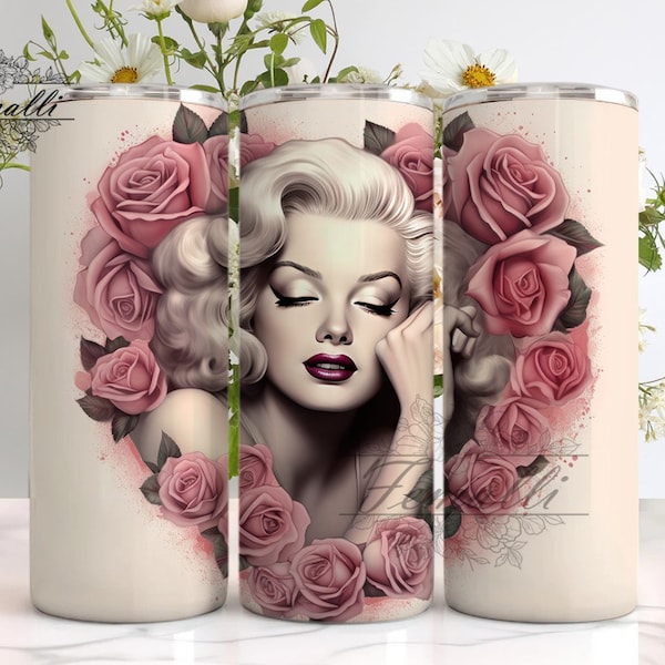 Marilyn Monroe Tumbler Png, Rose Sublimation 20oz Skinny Tumbler Wrap, Pink Heart Rose Marilyn Monroe Tumbler Wrap