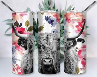 Highland Cow With Flowers Tumbler Png, Flowers Tumbler, Cow Tumbler, 20oz Skinny Tumbler Sublimation Designs PNG File, Sublimation Tumbler