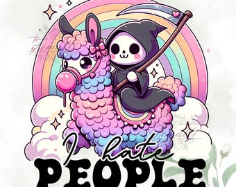I Hate People PNG, Spooky Grim Reaper Clipart, Lol Llama PNG, Snarky Skeleton Sublimation Design, Sarcastic Grim Reaper Halloween Shirt