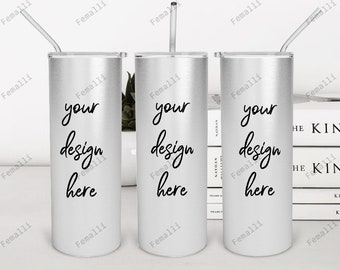 Digital File 20 oz Skinny Stainless Steel Tumbler With Straw Full Wrap View Mockup, Add Your Design, Mockup photoshop PSD