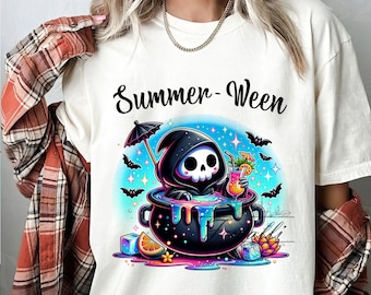Cute Summerween Clipart, Spooky Summer Halloween Sublimation Design, Halloween Pumpkin DTF Shirt Design Download, Grim Reaper Tumbler Wrap