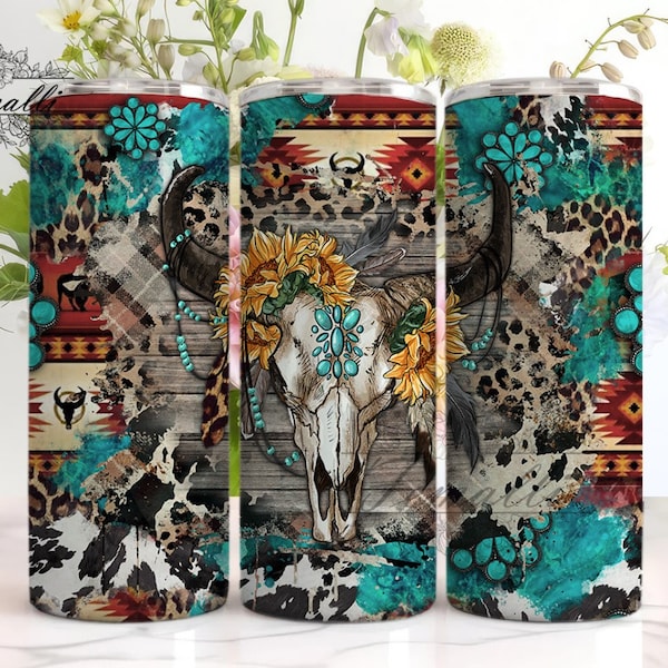Western Tumbler Design, Cow Skull Country Sublimation Designs Downloads, Western Sunflowers PNG