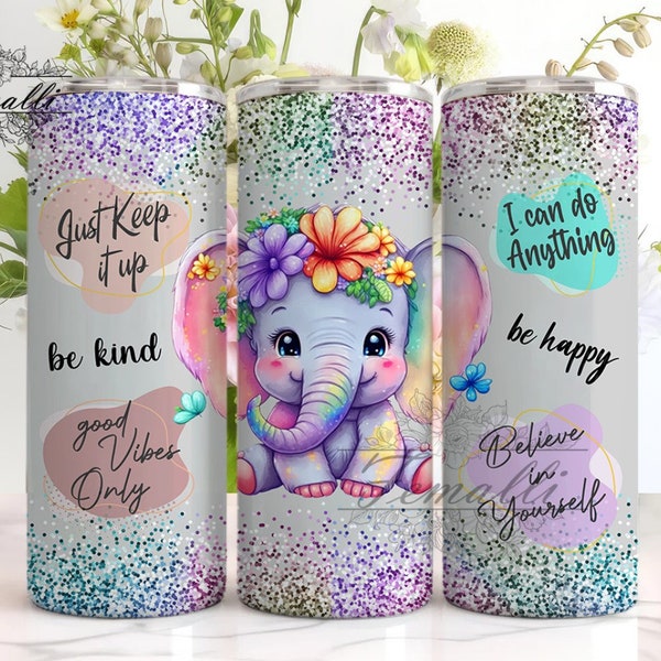 Self Love 20 oz Skinny Tumbler Designs/Png, Baby Elephant Print tumbler Wrap, Baby Elephant Colorful PNG, Watercolor Elephant Tumbler Png