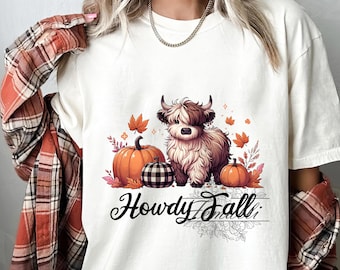 Howdy Fall PNG, Highland Cow Sublimation Design, Autumn DTF Shirt Design, Western Fall Digital Download, Fall Leaves Cow PNG, Plaid Pumpkin