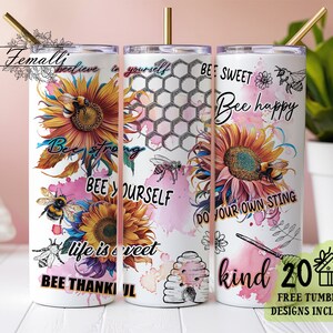 Bee Affirmation Tumbler Wrap, 20oz Skinny Sublimation Tumbler Design, Inspirational Sublimation Wrap, Watercolor Bee Tumbler PNG Downloads