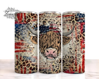 4th Of July Cow 20 oz Skinny Tumbler Designs/Png, Seamless American Flag Tumbler Wrap, Patriotic Cow Sublimation Png