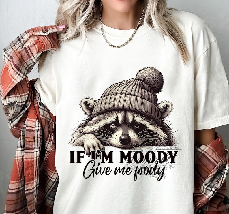 May include: White t-shirt with a graphic of a raccoon wearing a gray knit hat with a pom pom. The text "If I'm Moody Give me Food" is printed below the raccoon.