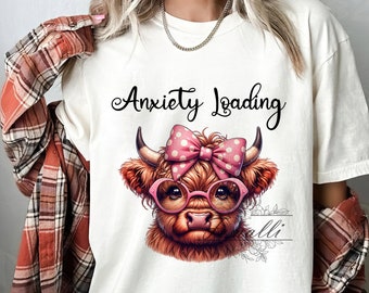 Angst wird geladen, Sublimationsdesign, Highland Kuh Clipart, Kuh mit Leopardenbogen-Digitalbild, T-Shirt-Design, Sofortdownload Png