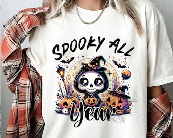 一年中不気味な PNG、ハロウィーンを待つクリップアート、皮肉なスケルトン昇華デザイン、かわいい死神 DTF シャツのダウンロード、皮肉なクリップアート