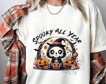 一年中不気味な PNG、ハロウィーンを待つクリップアート、皮肉なスケルトン昇華デザイン、かわいい死神 DTF シャツのダウンロード、皮肉なクリップアート