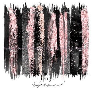 Peut inclure: Téléchargement numérique de coups de pinceau noirs et dorés à paillettes roses. Les coups de pinceau sont disposés verticalement et ont un aspect texturé et abstrait.