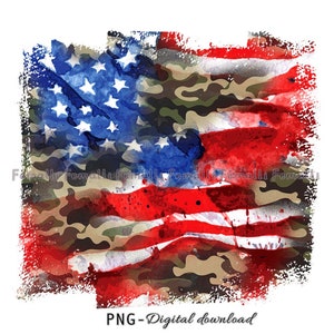 May include: A digital download of a watercolor painting of an American flag with a camouflage pattern overlay. The flag is red, white, and blue with white stars on a blue field. The camouflage pattern is green, brown, and tan. The image has a distressed, grunge effect.