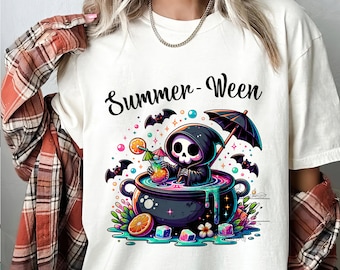Cute Summerween Clipart, Spooky Summer Halloween Sublimation Design, Halloween Pumpkin DTF Shirt Design Download, Grim Reaper Tumbler Wrap