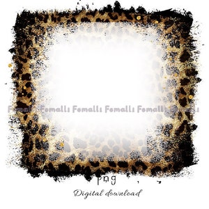 May include: A square digital download design with a white centre and a leopard print border. The border has a distressed, textured look with black and brown spots and gold accents. The text "Png" and "Digital download" are at the bottom.