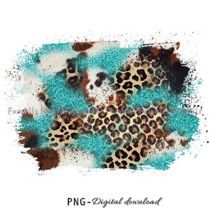 May include: Abstract digital art print featuring a teal blue and white glitter background with a brown and black leopard print overlay.  The print has a rough, textured edge.