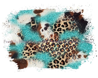 Cowhide Leopard Turquoise Glitter Background Png,Western Brushstrokes Png,Distressed Western Pattern,Cowhide Background,Leopard Png