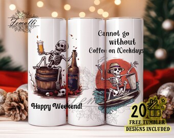 Funny Skeleton Coffee Tumbler Wrap PNG, Coffee Lover 20 oz Skinny Sublimation Tumbler, Coffeee Please Tumbler Wrap