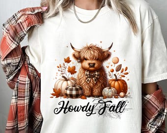 Howdy Fall PNG, Highland Cow Sublimation Design, Autumn DTF Shirt Design, Western Fall Digital Download, Fall Leaves Cow PNG, Plaid Pumpkin