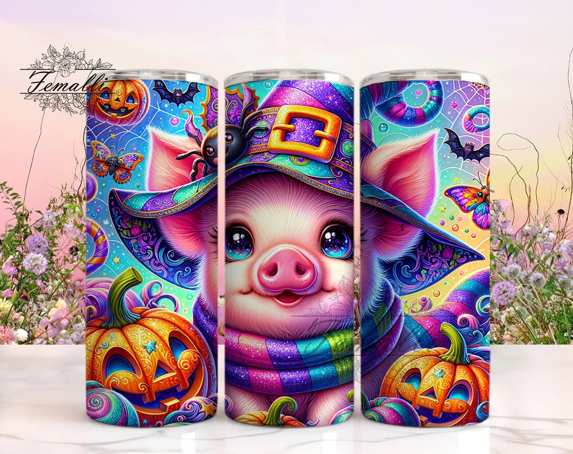 Pretty Halloween Pig Tumbler Wrap PNG, Holographic Halloween Witch 20oz Skinny Tumbler Sublimation Design, Halloween Pig Tumbler Wrap