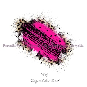 Op de afbeelding: Een roze en zwarte bandenspoorgrafiek met een luipaardprint achtergrond. De grafiek heeft een grunge-effect met gespatte verf.