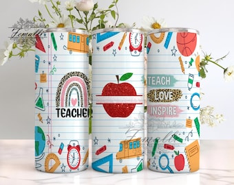 Teacher Love Inspire 20 oz Skinny Tumbler Designs/Png, Teacher Appreciation Sublimation, Seamless Teach Love Inspire PNG