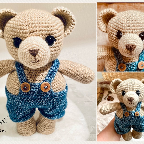 Teddy Fiete mit Latzhose - Häkelanleitung Amigurumi - deutsch - FloKi creative