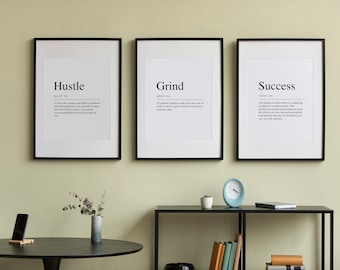Set of 3 office work positive definition Quote Print /hustle/success/grind