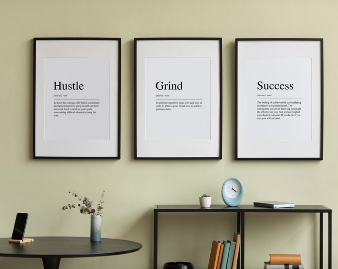 Set of 3 office work positive definition Quote Print /hustle/success/grind