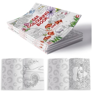 May include: A stack of softcover car colouring books with a white cover featuring line art of vehicles, red text reading CAR COLOURING BOOK, JDM SPECIAL EDITION, and floral illustrations. Two open pages show black and white car line art.