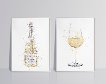 Kitchen prints set of 2 alcohol bottle & glass wall art