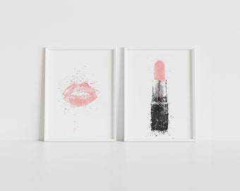 Set of 2 cosmetics makeup up lipstick lips wall art prints