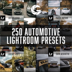 Puede incluir: Un collage de imágenes que muestran 250 presets de Lightroom para automóviles. Las imágenes presentan varios coches en diferentes entornos y condiciones de iluminación, demostrando la versatilidad de los presets. El texto "250 AUTOMOTIVE LIGHTROOM PRESETS" se muestra de forma prominente en el centro del collage.