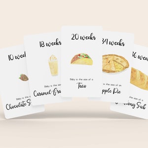 Cartes jalons de grossesse x37, imprimable, aquarelle, taille bébé, envies, confort, malbouffe, friandises, téléchargement numérique, bébé, enceinte