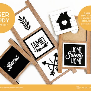 May include: Six mini wooden signs with black and white lettering. The signs say "Blessed", "Family", "Home Sweet Home", "Arrow", "Leaf", and "House".