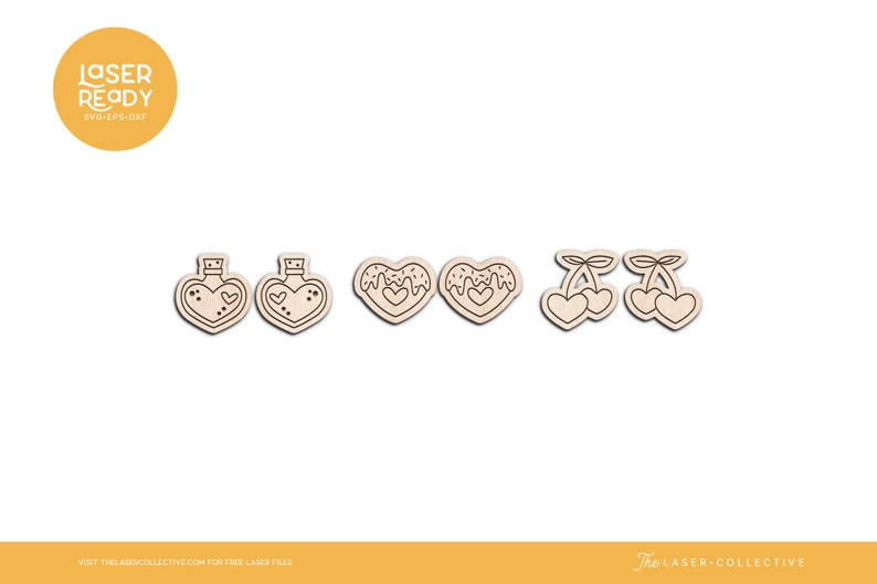 May include: Five laser cut designs for crafting projects. The designs include two heart-shaped bottles, two heart-shaped donuts with icing, and two cherries with stems.