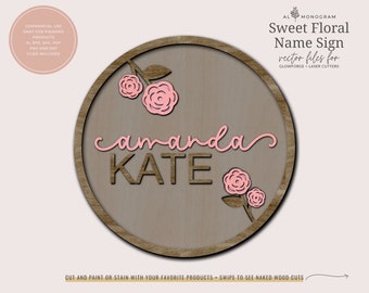 Kids Name Sign File | Sweet Floral Name Sign | Laser Cut File | Glowforge Laser Cut Files | SVG Cut File for Laser Cutters | Nursery