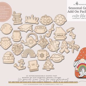 May include: A set of 25 interchangeable wooden shapes for crafting gnomes. The shapes include a variety of seasonal themes, such as a pumpkin, a Christmas tree, a heart, a rainbow, and a gnome hat. The shapes are designed to be cut and painted or stained. The text "SOLD" is visible on one of the shapes.