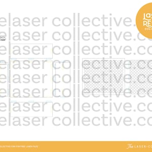 May include: A digital design file for a laser-cut project. The design includes four squares and two grids of circles. The text "Laser Ready" is in a yellow circle with a black outline. The text "SVG-EPS-DXF" is below the circle. The text "thelasercollective.com" is repeated multiple times in the background.