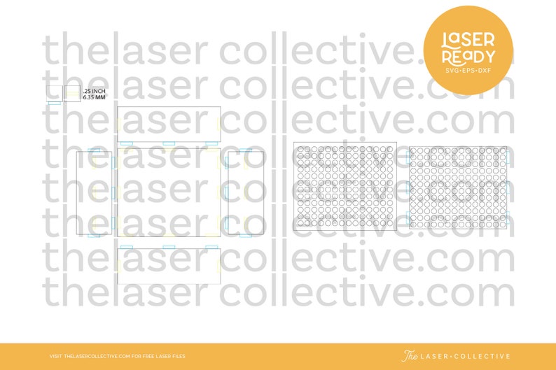 May include: A digital design file for a laser-cut project. The design includes four squares and two grids of circles. The text "Laser Ready" is in a yellow circle with a black outline. The text "SVG-EPS-DXF" is below the circle. The text "thelasercollective.com" is repeated multiple times in the background.