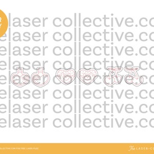 May include: A digital design file for laser cutting, featuring four different designs: two heart-shaped bottles, two hearts with a drip design, and two cherries with stems. The designs are outlined in black and filled with a light pink color.