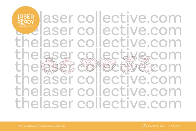 May include: A digital design file for laser cutting, featuring four different designs: two heart-shaped bottles, two hearts with a drip design, and two cherries with stems. The designs are outlined in black and filled with a light pink color.