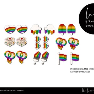 Puede incluir: Un conjunto de pendientes de madera cortados con láser con diseños de colores arcoíris. Los diseños incluyen corazones, nubes, pinceles, banderas y anillos. Los pendientes están disponibles en estilos de botón pequeño y colgante más grande. El texto "Love Wins" aparece en dos de los pendientes.