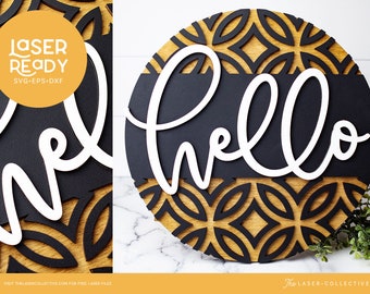 Round Sign Laser File Hello with Modern Pattern