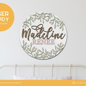 Letrero redondo de madera con lima láser, envoltura floral, letrero con nombre para niños