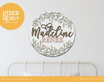 Wood Round Sign Laser File Floral Wrap Name Sign for Kids