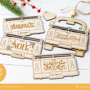 Ornamento porta biglietti regalo di Natale con file laser per taglio laser raffigurante un simpatico camioncino natalizio vintage con schienali intercambiabili