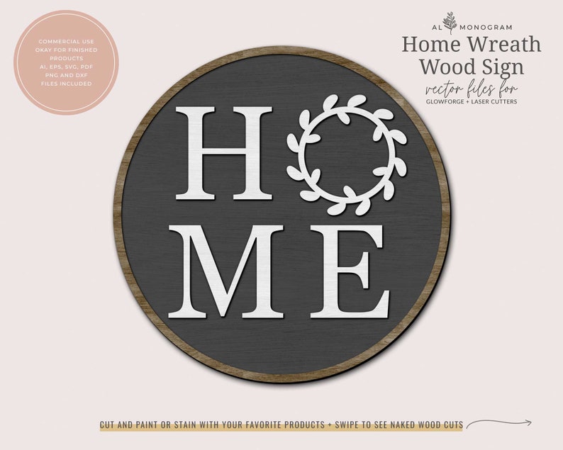 May include: A round, gray wooden sign with a white wreath and the word "HOME" in white letters. The sign is perfect for a farmhouse or rustic decor style.