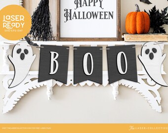 Halloween Laser File Wood Banner with Ghosts for Laser Cutting